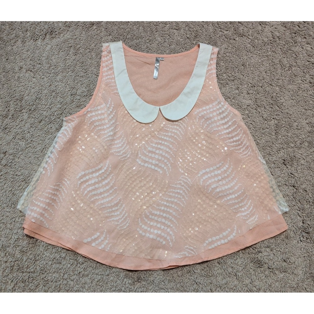 Flowy Crop Blouse Top Sz M Peachy Pink Peter‎ Pan Collar Sequins Coquette Dainty